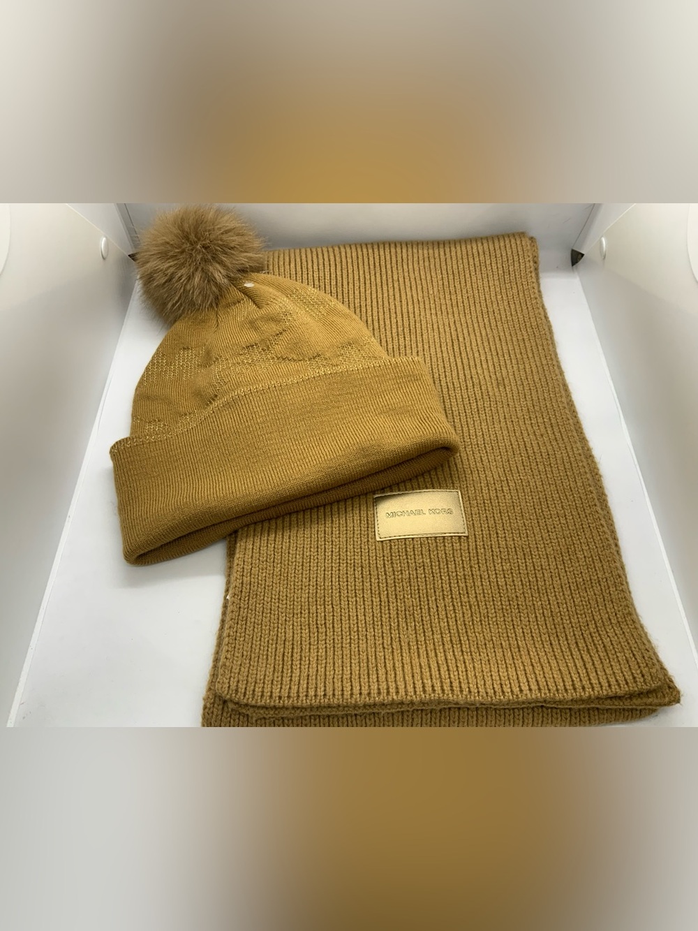 Michael Kors Mustard Knit Beanie with Faux-Fur Pom and Matching Scarf